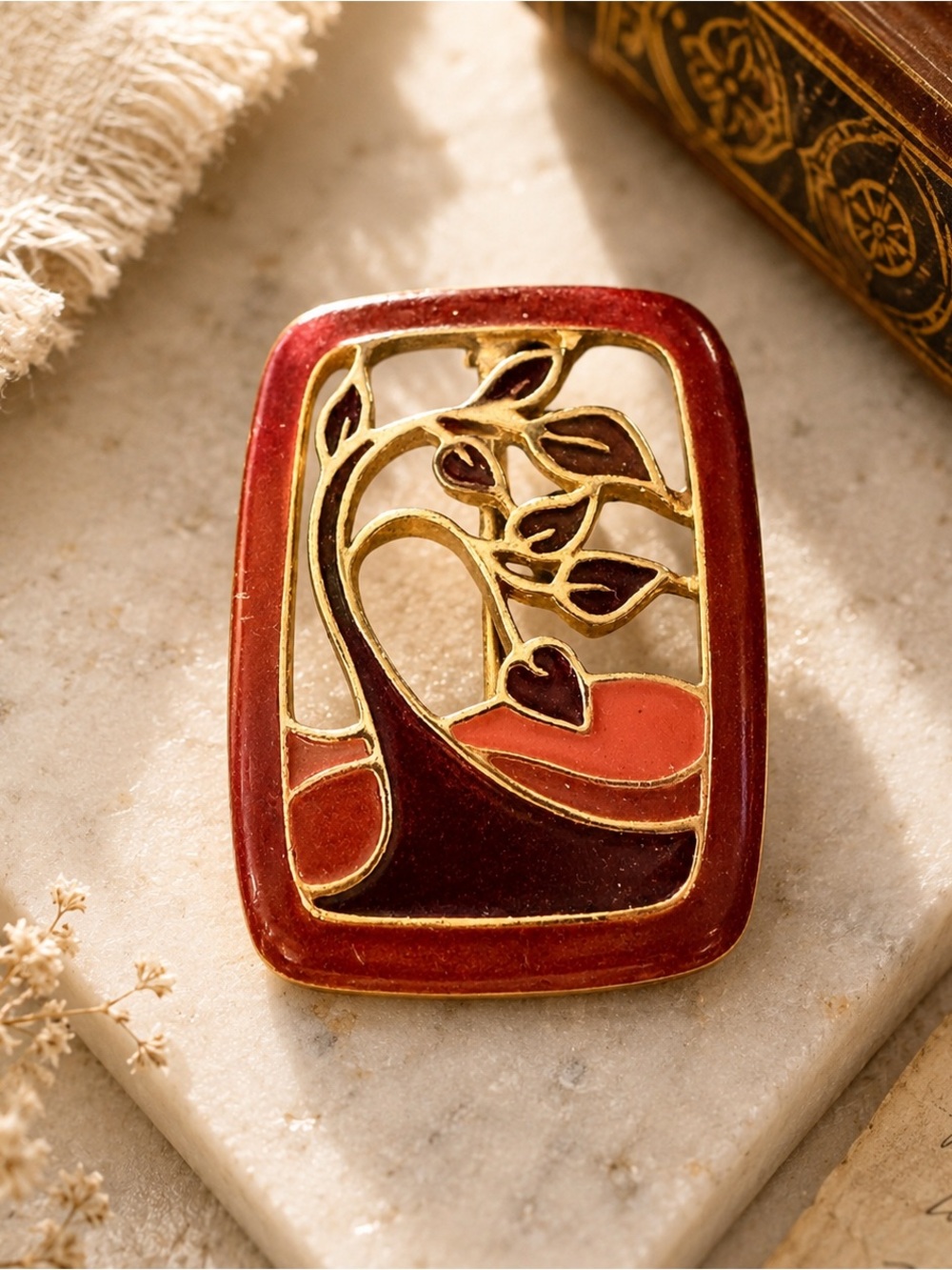 Vintage Art Nouveau Tree Brooch Red Enamel Gold Tone Nature Pin F